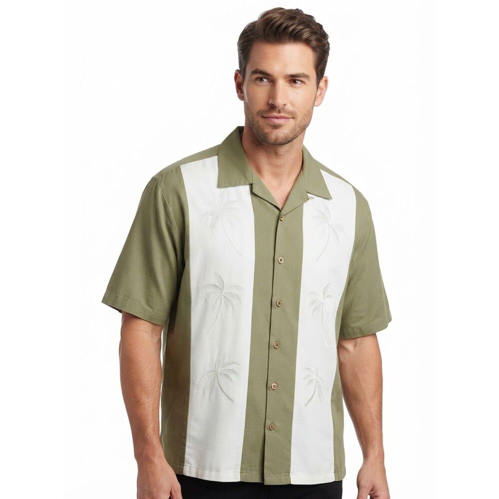 Men’s Bamboo Cay Green Embroidered Palm Tree Retro Style Bowling Shirt – M